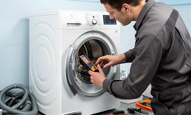 Monteur controleert een wasmachine in een nette werkplaats